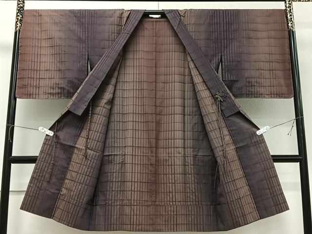 平和屋着物＃西陣　三代目市三郎　雅生紬貝　道行コート　単衣　町家格子　ロング丈　証紙付き　正絹　逸品　未使用　CABI9539ua