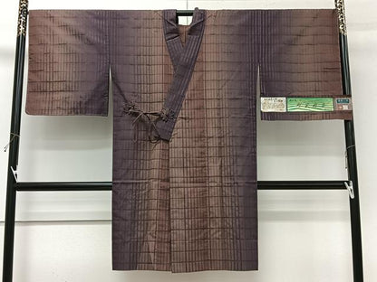 平和屋着物＃西陣　三代目市三郎　雅生紬貝　道行コート　単衣　町家格子　ロング丈　証紙付き　正絹　逸品　未使用　CABI9539ua