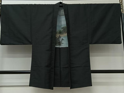 平和屋着物＃男性　長羽織　紬地　黒地　正絹　逸品　CABI9549ua
