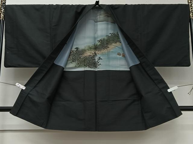 平和屋着物＃男性　長羽織　紬地　黒地　正絹　逸品　CABI9549ua