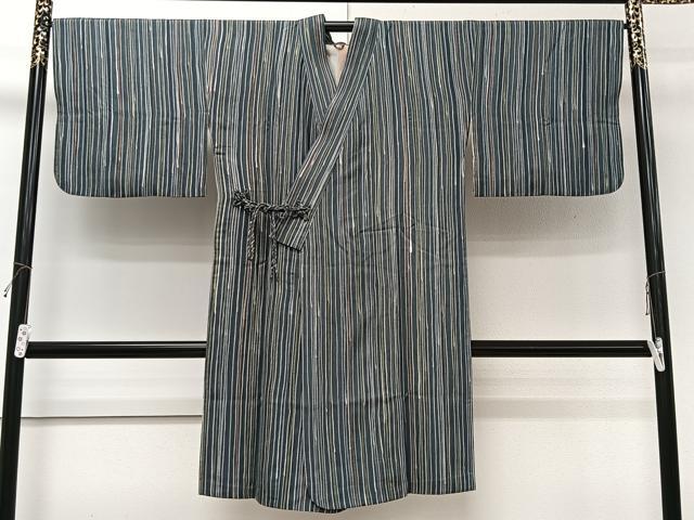 平和屋着物＃道中着　ろうけつ染　縞　ロング丈　正絹　逸品　CABI9555ua