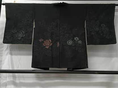 平和屋着物＃羽織　寿光織　孔雀羽花文　黒地　銀糸　正絹　逸品　CABI9563ua