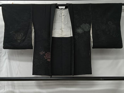 平和屋着物＃羽織　寿光織　孔雀羽花文　黒地　銀糸　正絹　逸品　CABI9563ua