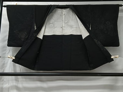 平和屋着物＃羽織　寿光織　孔雀羽花文　黒地　銀糸　正絹　逸品　CABI9563ua