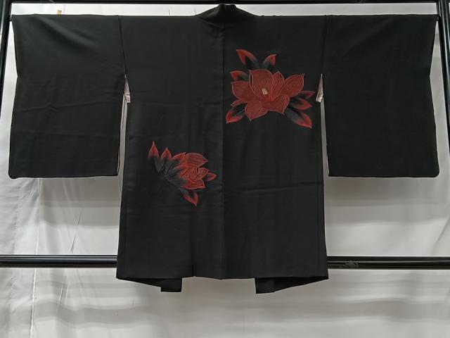 平和屋着物＃羽織　総刺繍　草花文　黒地　金糸　正絹　逸品　CABI9571ua