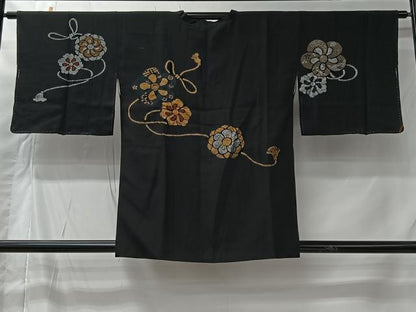 平和屋着物＃道行コート　寿光織　舞花文　黒地　金銀糸　正絹　逸品　CABI9577ua