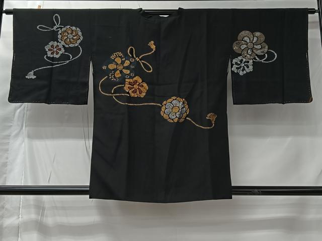 平和屋着物＃道行コート　寿光織　舞花文　黒地　金銀糸　正絹　逸品　CABI9577ua