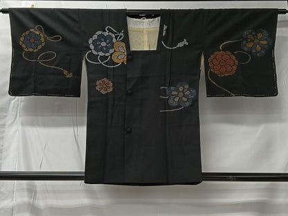 平和屋着物＃道行コート　寿光織　舞花文　黒地　金銀糸　正絹　逸品　CABI9577ua