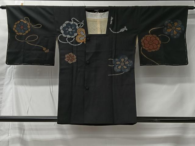 平和屋着物＃道行コート　寿光織　舞花文　黒地　金銀糸　正絹　逸品　CABI9577ua