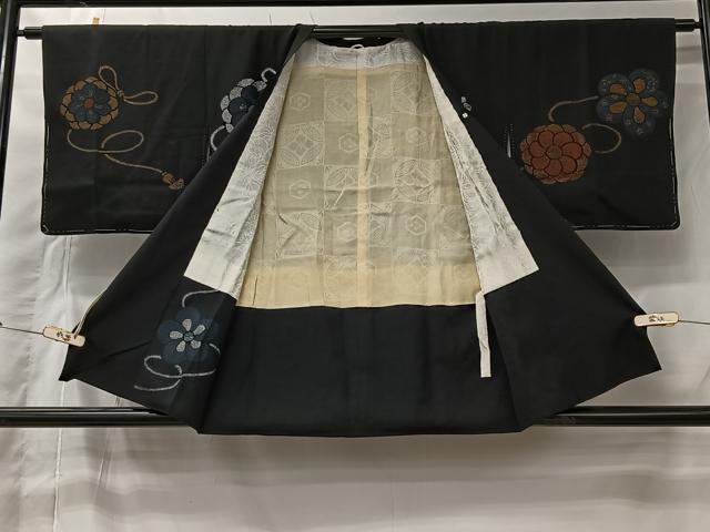 平和屋着物＃道行コート　寿光織　舞花文　黒地　金銀糸　正絹　逸品　CABI9577ua