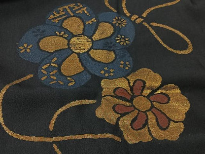 平和屋着物＃道行コート　寿光織　舞花文　黒地　金銀糸　正絹　逸品　CABI9577ua