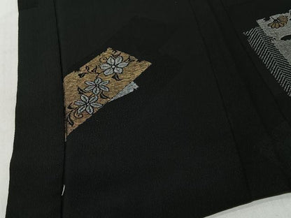 平和屋着物＃羽織　寿光織　色紙重ね草花文　黒地　金銀糸　正絹　逸品　CABI9580ua