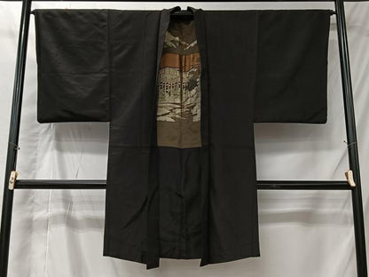 平和屋着物＃男性　長羽織　黒地　正絹　逸品　CABI9582ua