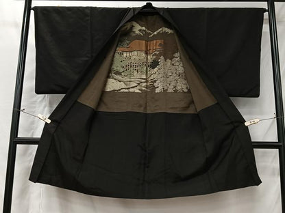 平和屋着物＃男性　長羽織　黒地　正絹　逸品　CABI9582ua