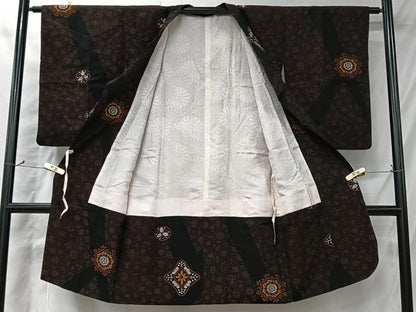 平和屋着物＃道行コート　幾何学花文　黒地　ロング丈　正絹　逸品　CABI9590ua