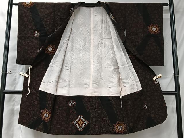 平和屋着物＃道行コート　幾何学花文　黒地　ロング丈　正絹　逸品　CABI9590ua