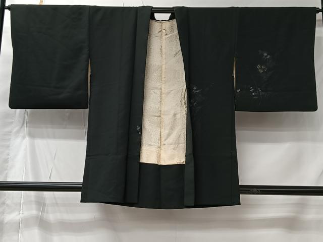 平和屋着物＃羽織　寿光織　草花文　黒地　銀糸　正絹　逸品　CABI9592ua