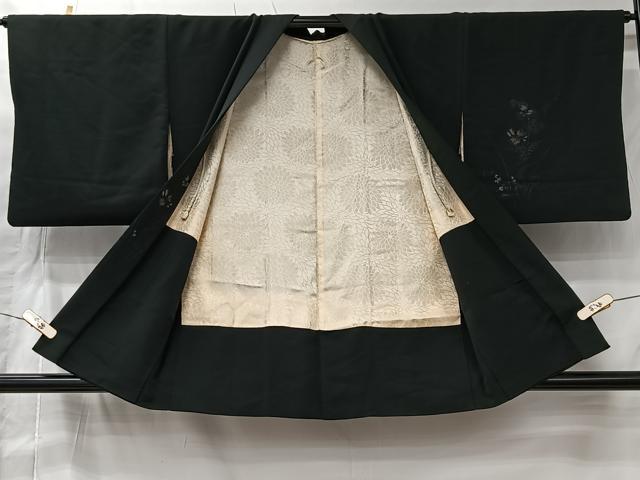 平和屋着物＃羽織　寿光織　草花文　黒地　銀糸　正絹　逸品　CABI9592ua