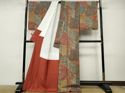 平和屋着物●上質な小紋　誰が袖更紗花文　ロング丈　正絹　逸品　CABI9610ut
