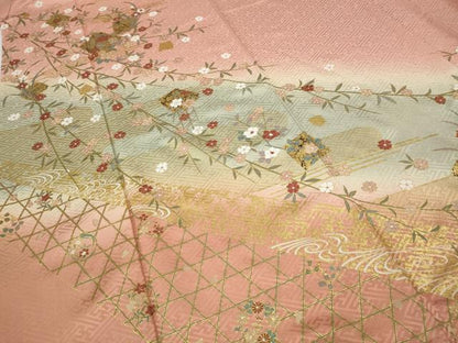 平和屋着物●訪問着　破れ色紙草花文　暈し染め　金彩　正絹　逸品　CABI9623ut
