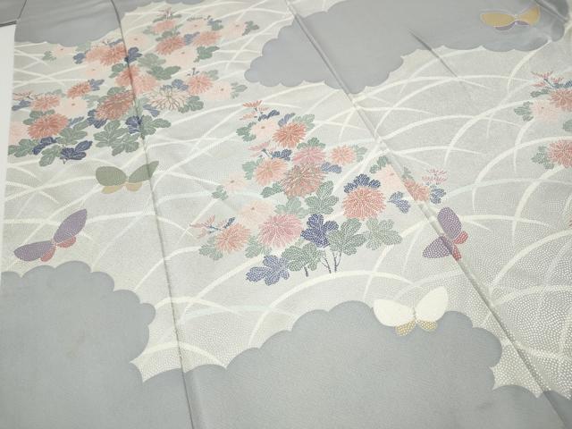 平和屋着物●訪問着　駒刺繍　雲取り花蝶文　銀彩　正絹　逸品　CABI9624ut