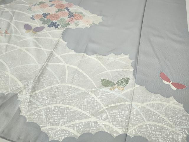 平和屋着物●訪問着　駒刺繍　雲取り花蝶文　銀彩　正絹　逸品　CABI9624ut