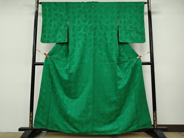 平和屋着物●上質な色無地　格子梅地紋　常磐緑色　正絹　逸品　未使用　CABI9646ut