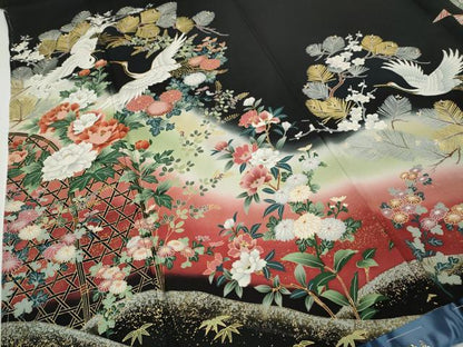 平和屋着物●豪華黒留袖　作家物　駒刺繍　束ね熨斗飛鶴花文　暈し染め　金彩　正絹　逸品　CABI9665ut