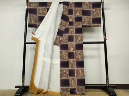 平和屋着物●上質な小紋　市松立涌花文　暈し染め　鬼しぼ縮緬　正絹　逸品　CABI9670ut