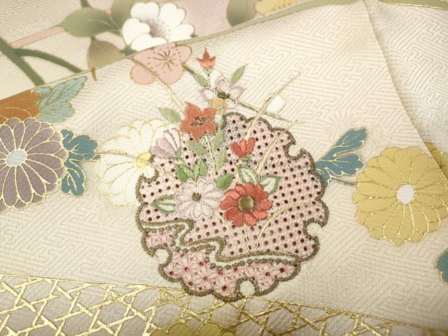 平和屋着物●中国三大刺繍　スワトウ刺繍　訪問着　雪輪枝花文　暈し染め　金彩　正絹　逸品　CABI9671ut