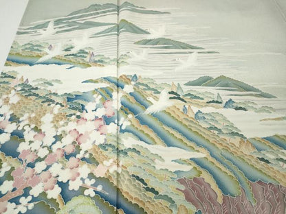 平和屋着物●豪華色留袖　友禅　作家物　飛鶴風景草花文　暈し染め　正絹　逸品　CABI9682ut