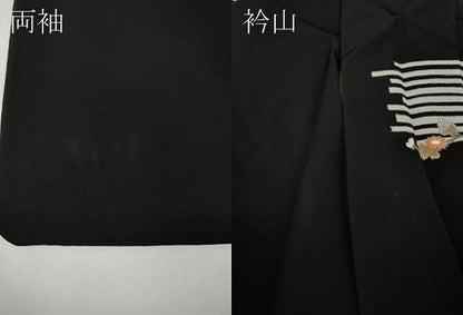 平和屋着物●訪問着　横段草花文　黒地　金彩　正絹　逸品　CABI9684ut