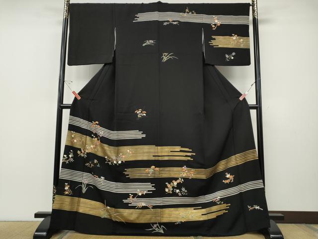 平和屋着物●訪問着　横段草花文　黒地　金彩　正絹　逸品　CABI9684ut