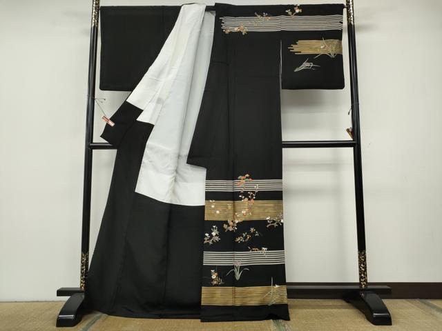 平和屋着物●訪問着　横段草花文　黒地　金彩　正絹　逸品　CABI9684ut