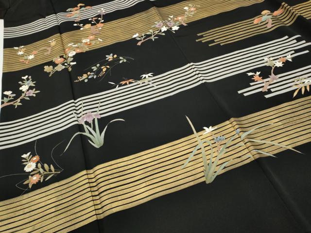平和屋着物●訪問着　横段草花文　黒地　金彩　正絹　逸品　CABI9684ut