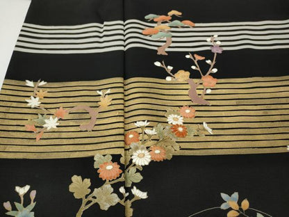 平和屋着物●訪問着　横段草花文　黒地　金彩　正絹　逸品　CABI9684ut