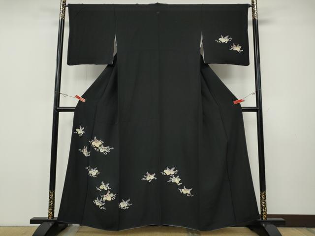 平和屋着物●訪問着　駒刺繍　草花文　黒地　金彩　正絹　逸品　CABI9687ut