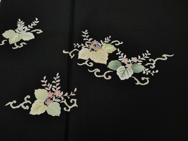 平和屋着物●訪問着　駒刺繍　草花文　黒地　金彩　正絹　逸品　CABI9687ut