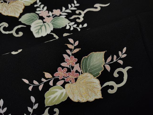 平和屋着物●訪問着　駒刺繍　草花文　黒地　金彩　正絹　逸品　CABI9687ut