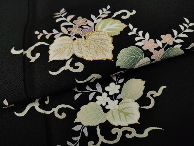 平和屋着物●訪問着　駒刺繍　草花文　黒地　金彩　正絹　逸品　CABI9687ut