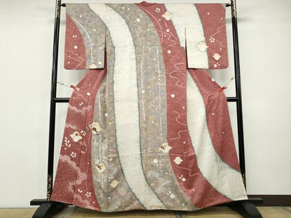 平和屋着物●訪問着　杢目絞り　刺繍　松皮菱枝椿文　金彩　正絹　逸品　CABI9688ut