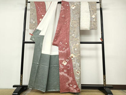 平和屋着物●訪問着　杢目絞り　刺繍　松皮菱枝椿文　金彩　正絹　逸品　CABI9688ut