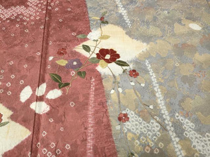 平和屋着物●訪問着　杢目絞り　刺繍　松皮菱枝椿文　金彩　正絹　逸品　CABI9688ut