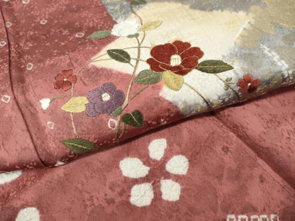 平和屋着物●訪問着　杢目絞り　刺繍　松皮菱枝椿文　金彩　正絹　逸品　CABI9688ut