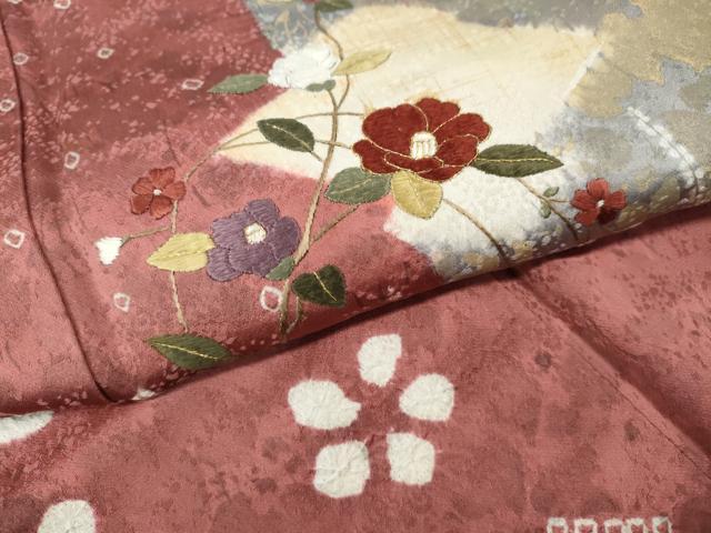 平和屋着物●訪問着　杢目絞り　刺繍　松皮菱枝椿文　金彩　正絹　逸品　CABI9688ut