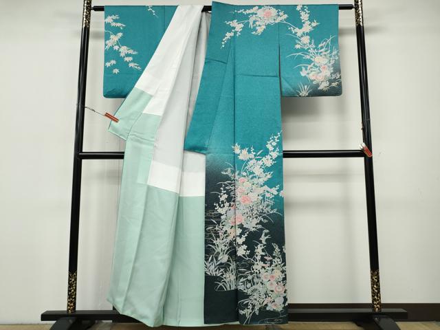 平和屋着物●訪問着　水車飛鳥草花文　たたき染め　金彩　正絹　逸品　CABI9689ut