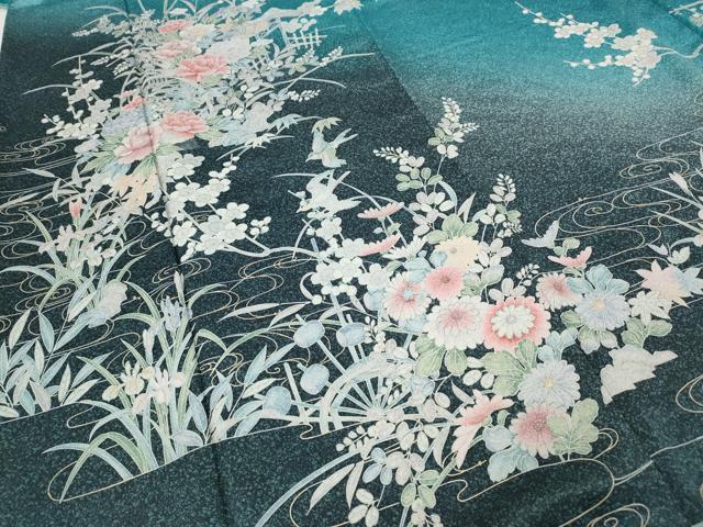 平和屋着物●訪問着　水車飛鳥草花文　たたき染め　金彩　正絹　逸品　CABI9689ut