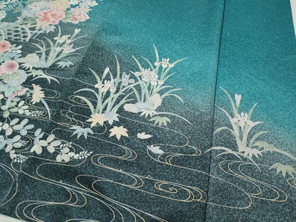 平和屋着物●訪問着　水車飛鳥草花文　たたき染め　金彩　正絹　逸品　CABI9689ut