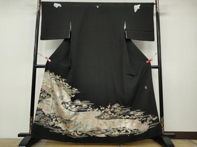 平和屋着物●豪華黒留袖　作家物　御所車鶴草花文　金銀彩　正絹　逸品　CABI9691ut