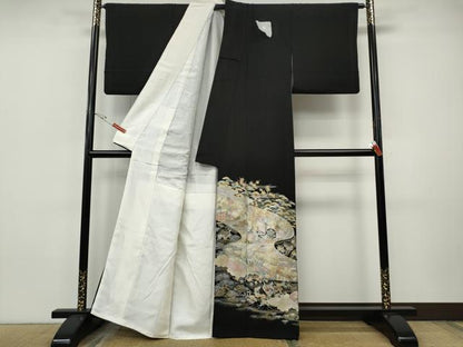 平和屋着物●豪華黒留袖　作家物　御所車鶴草花文　金銀彩　正絹　逸品　CABI9691ut